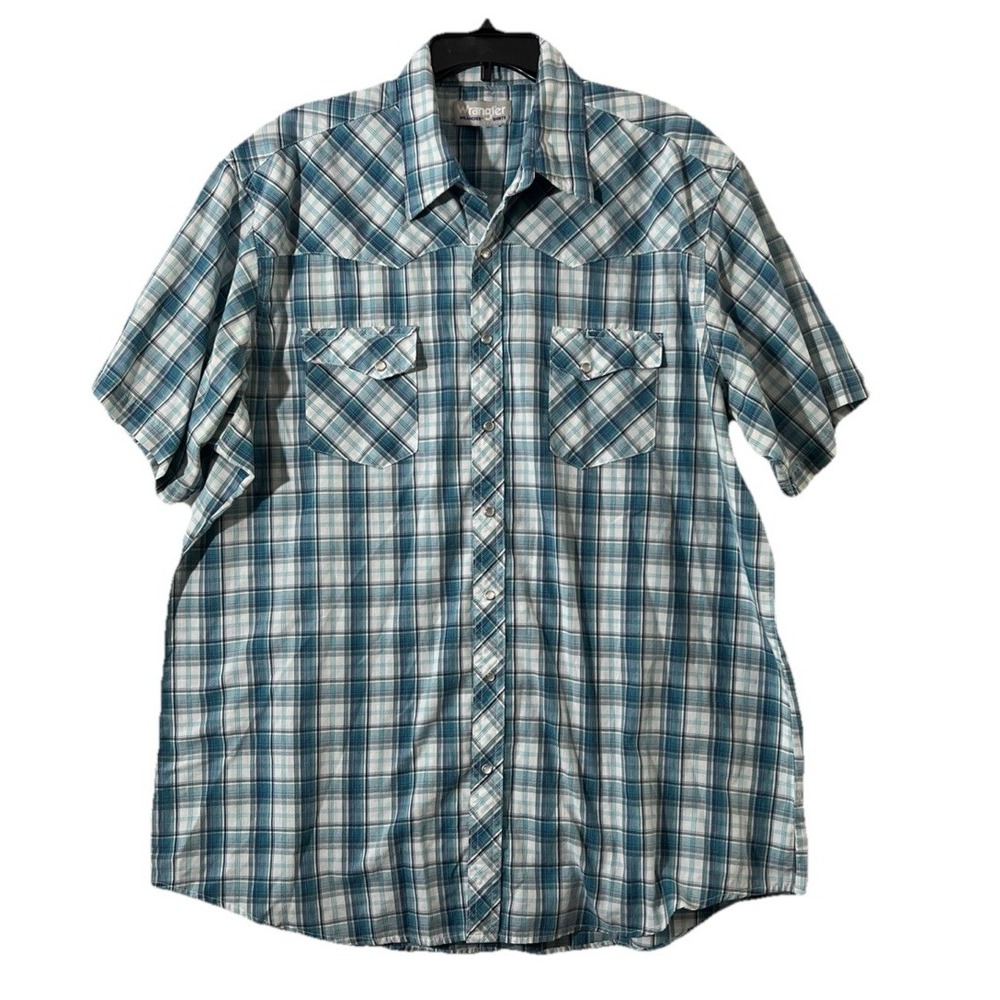 Wrangler Wrancher Pearl Snap Shirt Mens XL Blue green WhiteShort Sleeve‎ Western